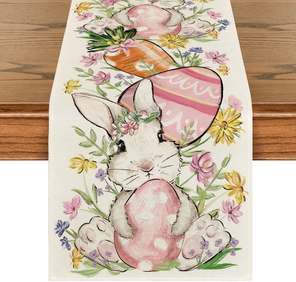 Bunny Rabbit Egg Flower Easter Table Runner, Seasonal Spring Kitchen Dining Table Decoration for Home Party V1258-DP02-B-1605