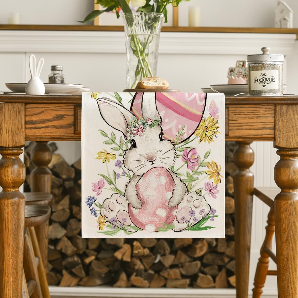 Bunny Rabbit Egg Flower Easter Table Runner, Seasonal Spring Kitchen Dining Table Decoration for Home Party V1258-DP02-B-1605