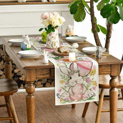 Bunny Rabbit Egg Flower Easter Table Runner, Seasonal Spring Kitchen Dining Table Decoration for Home Party V1258-DP02-B-1605