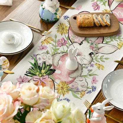 Bunny Rabbit Egg Flower Easter Table Runner, Seasonal Spring Kitchen Dining Table Decoration for Home Party V1258-DP02-B-1605
