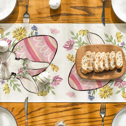 Bunny Rabbit Egg Flower Easter Table Runner, Seasonal Spring Kitchen Dining Table Decoration for Home Party V1258-DP02-B-1605