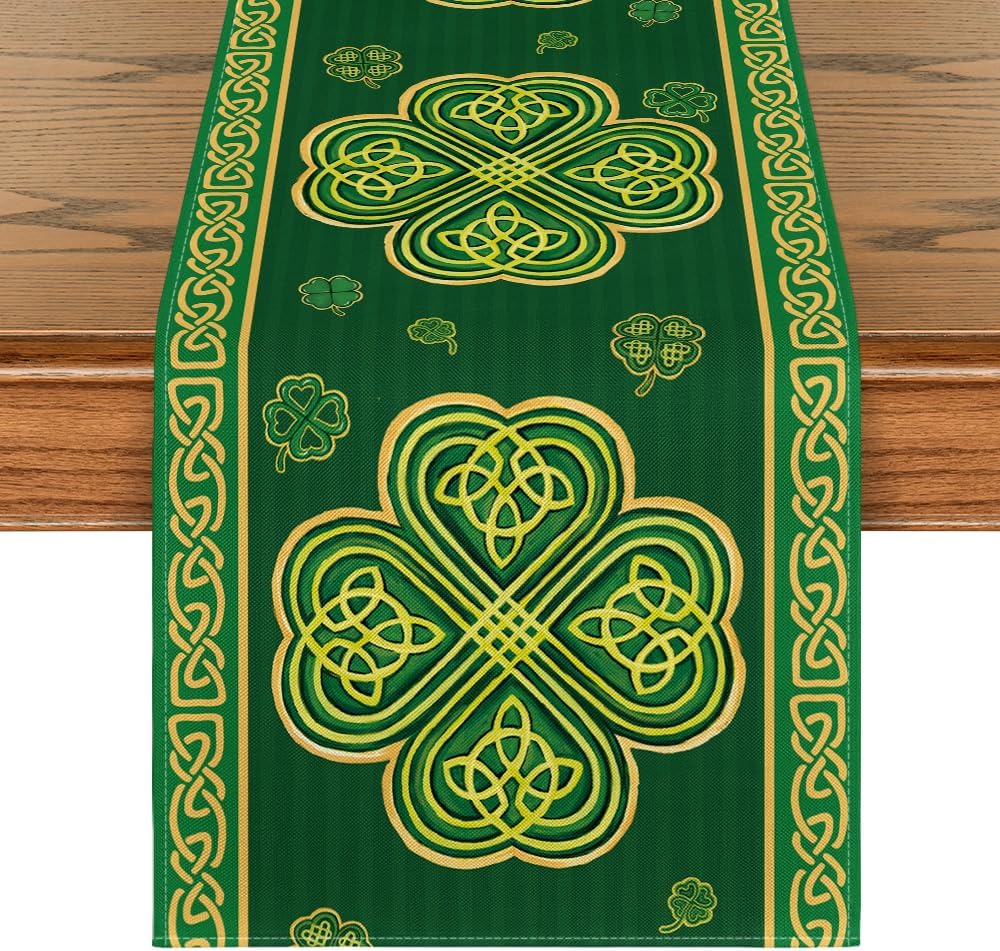 Green Stripes Shamrocks 210 GSM St.Patrick's Day Table Runner, Seasonal Spring Kitchen Dining Table Runner V1258-DP02-B-1606