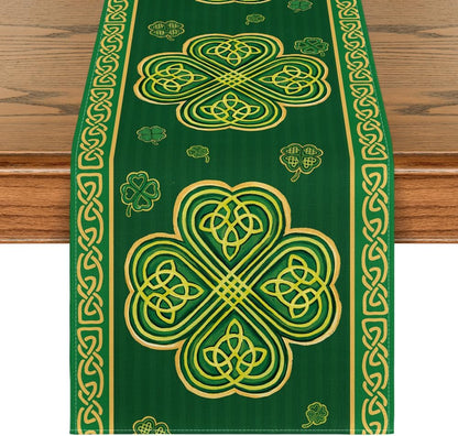 Green Stripes Shamrocks 210 GSM St.Patrick's Day Table Runner, Seasonal Spring Kitchen Dining Table Runner V1258-DP02-B-1606