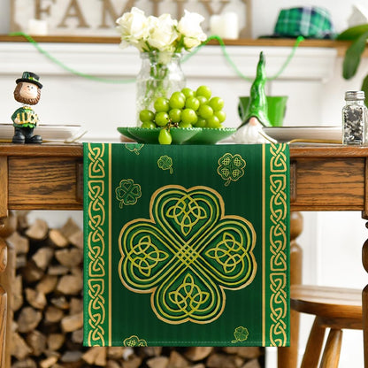 Green Stripes Shamrocks 210 GSM St.Patrick's Day Table Runner, Seasonal Spring Kitchen Dining Table Runner V1258-DP02-B-1606