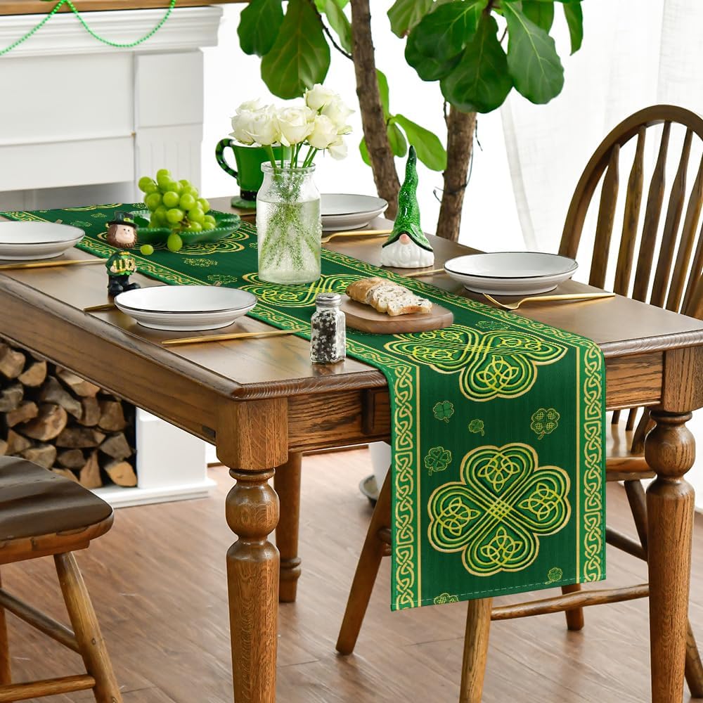 Green Stripes Shamrocks 210 GSM St.Patrick's Day Table Runner, Seasonal Spring Kitchen Dining Table Runner V1258-DP02-B-1606