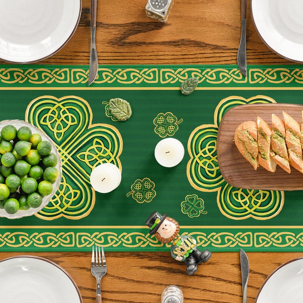 Green Stripes Shamrocks 210 GSM St.Patrick's Day Table Runner, Seasonal Spring Kitchen Dining Table Runner V1258-DP02-B-1606