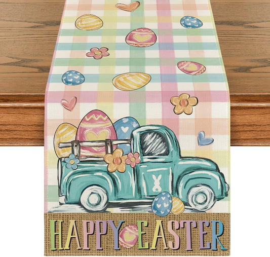 Pink Yellow Buffalo Plaid Carrot Egg Truck Daisy Happy Easter Table Runner, Seasonal Kitchen Dining Table V1258-DP02-B-1607