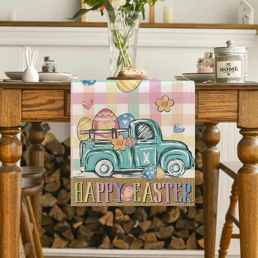 Pink Yellow Buffalo Plaid Carrot Egg Truck Daisy Happy Easter Table Runner, Seasonal Kitchen Dining Table V1258-DP02-B-1607