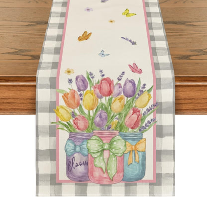 Buffalo Plaid Vase Lavender Tulip Spring Table Runner, Seasonal Kitchen Dining Table Decoration for Home V1258-DP02-B-1608