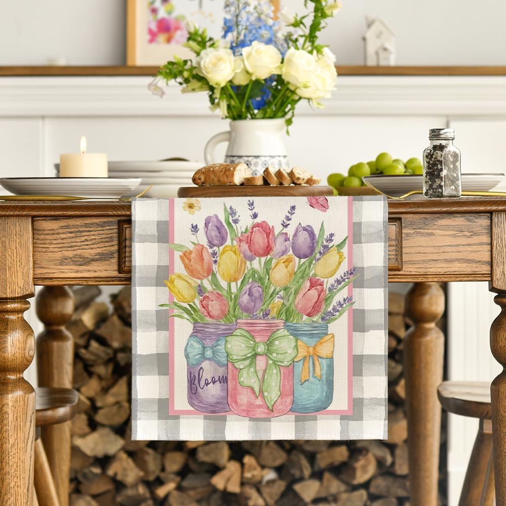 Buffalo Plaid Vase Lavender Tulip Spring Table Runner, Seasonal Kitchen Dining Table Decoration for Home V1258-DP02-B-1608
