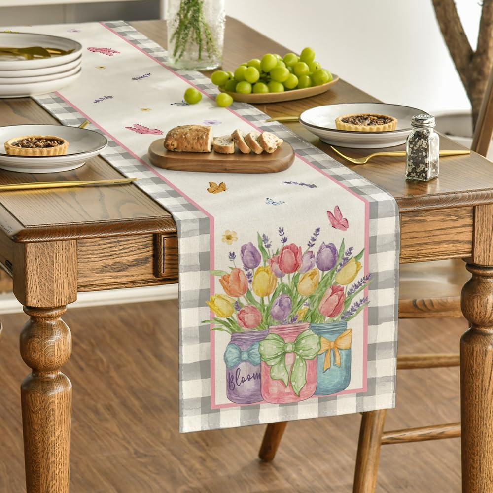 Buffalo Plaid Vase Lavender Tulip Spring Table Runner, Seasonal Kitchen Dining Table Decoration for Home V1258-DP02-B-1608