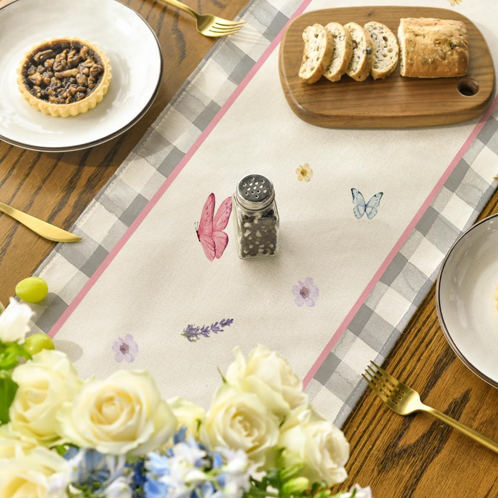 Buffalo Plaid Vase Lavender Tulip Spring Table Runner, Seasonal Kitchen Dining Table Decoration for Home V1258-DP02-B-1608