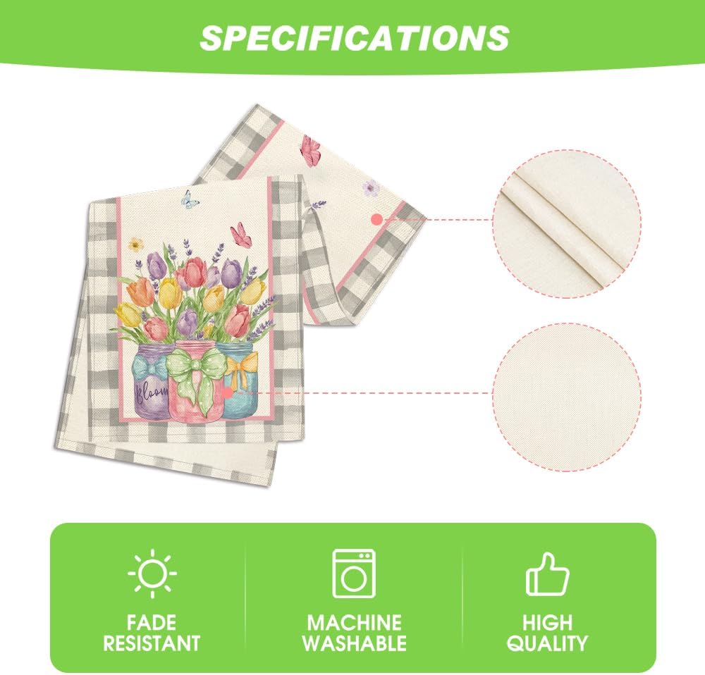 Buffalo Plaid Vase Lavender Tulip Spring Table Runner, Seasonal Kitchen Dining Table Decoration for Home V1258-DP02-B-1608