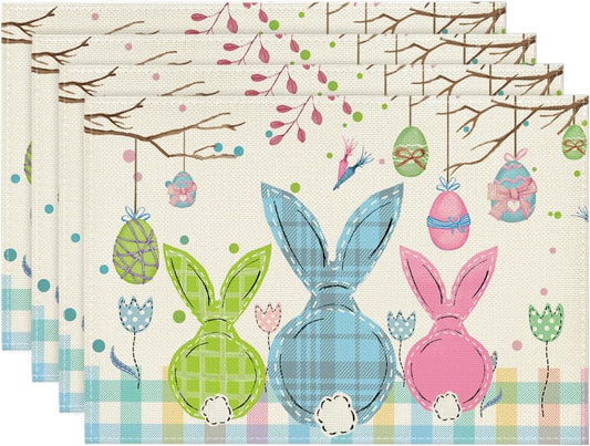 Buffalo Plaid Bunny Egg Carrot Easter Placemats Set of 4, 12x18 Inch Seasonal Spring Table Mats for Party V1258-DP02-B-1609
