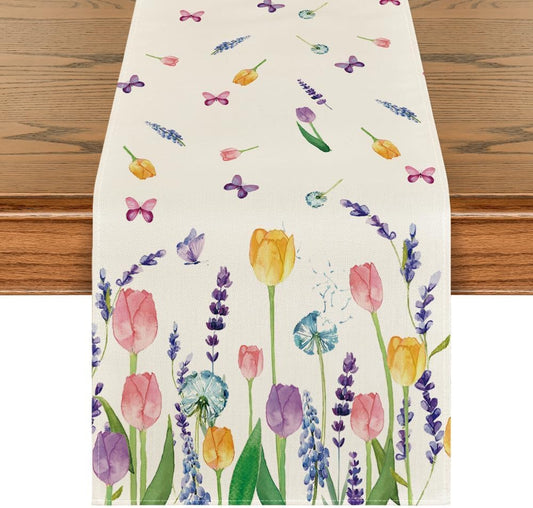 Lavender Tulip Summer Table Runner, Spring Seasonal Anniversary Holiday Kitchen Dining Table Decoration for V1258-DP02-B-1612