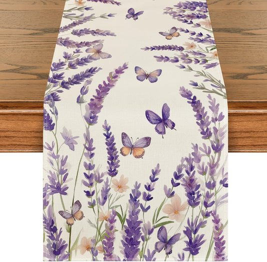 Purple Lavender Floral Butterflies Spring Table Runner, Seasonal Summer Kitchen Dining Table Decoration for V1258-DP02-B-1613