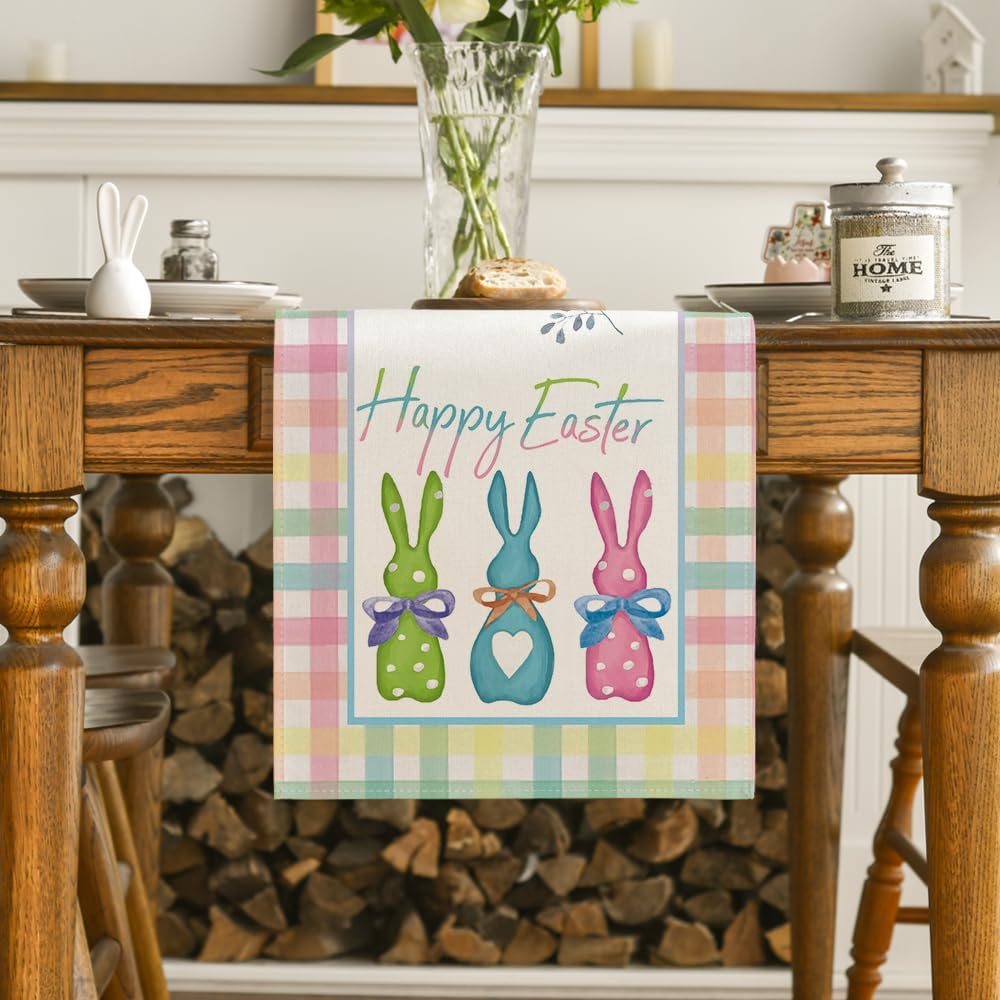 Green Blue Pink Buffalo Plaid Bunny Happy Easter Table Runner, Spring Kitchen Dining Table Decoration for V1258-DP02-B-1614