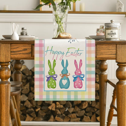 Green Blue Pink Buffalo Plaid Bunny Happy Easter Table Runner, Spring Kitchen Dining Table Decoration for V1258-DP02-B-1614