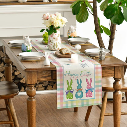 Green Blue Pink Buffalo Plaid Bunny Happy Easter Table Runner, Spring Kitchen Dining Table Decoration for V1258-DP02-B-1614