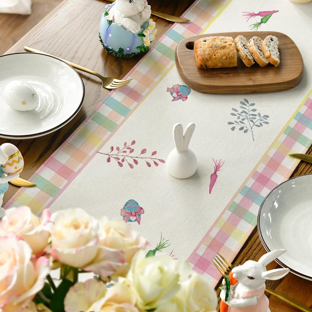 Green Blue Pink Buffalo Plaid Bunny Happy Easter Table Runner, Spring Kitchen Dining Table Decoration for V1258-DP02-B-1614