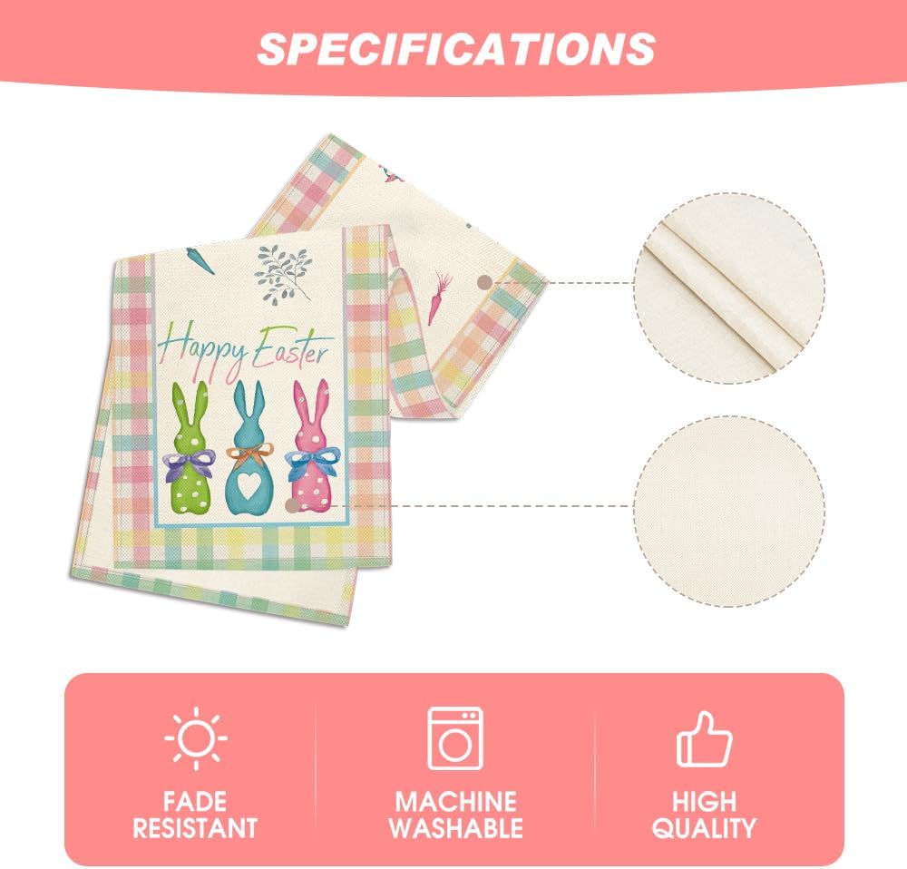Green Blue Pink Buffalo Plaid Bunny Happy Easter Table Runner, Spring Kitchen Dining Table Decoration for V1258-DP02-B-1614