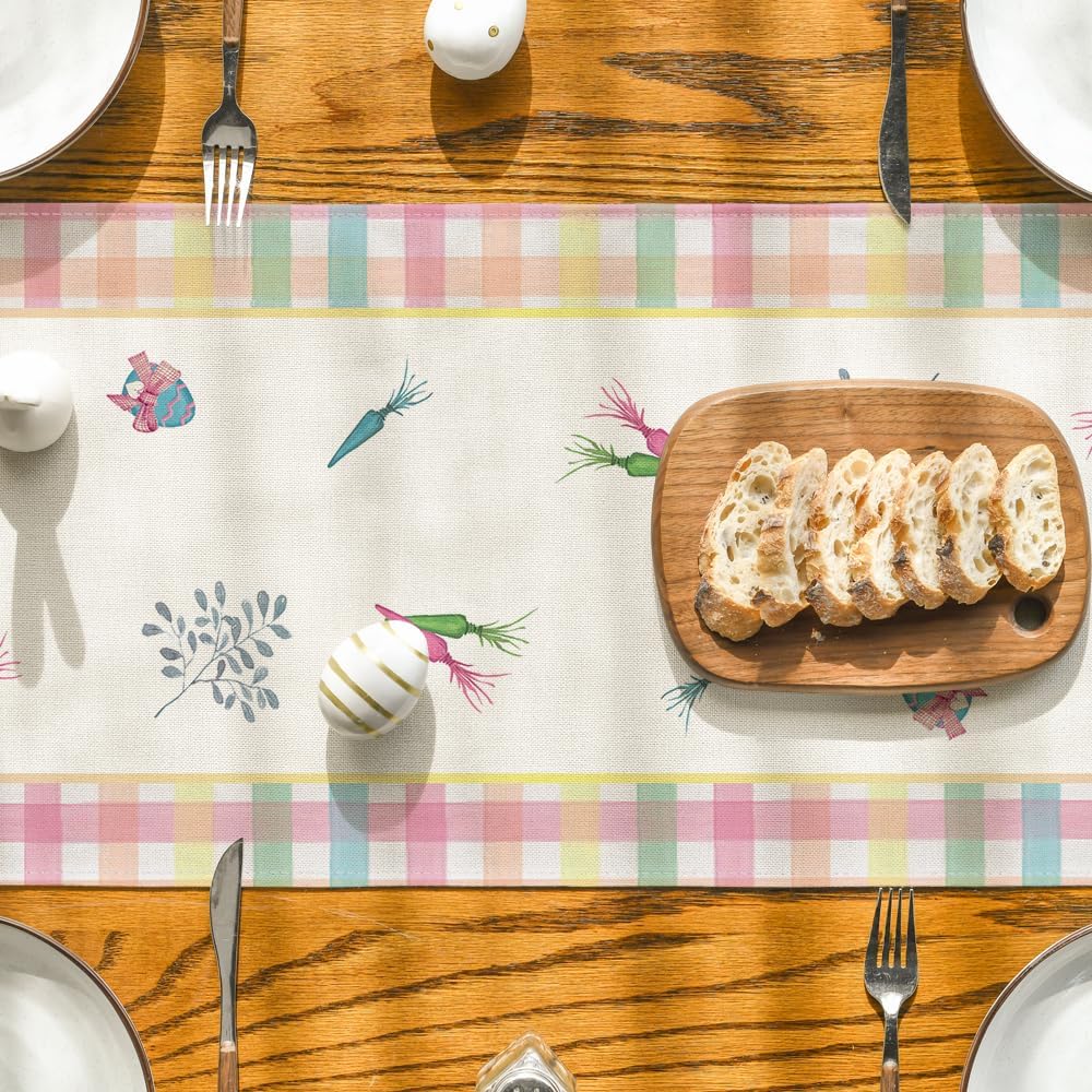 Green Blue Pink Buffalo Plaid Bunny Happy Easter Table Runner, Spring Kitchen Dining Table Decoration for V1258-DP02-B-1614