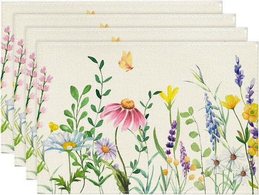 Daisy Eucalyptus Lavender Floral Leaves Spring Placemats Set of 4,12x18 Inch Seasonal Table Mats for Party V1258-DP02-B-1615
