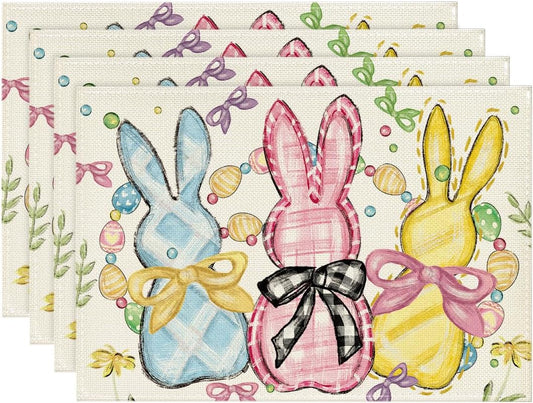 Bunny Rabbits Eggs Easter Placemats Set of 4, 12x18 Inch Floral Bow Seasonal Spring Holiday Table Mats for V1258-DP02-B-1616