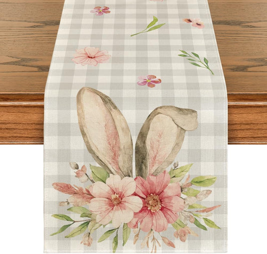 Buffalo Plaid Bunny Rabbit Ears Flower Easter Table Runner, Spring Summer Seasonal Holiday Kitchen Dining V1258-DP02-B-1618