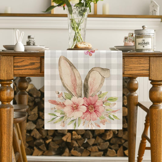 Buffalo Plaid Bunny Rabbit Ears Flower Easter Table Runner, Spring Summer Seasonal Holiday Kitchen Dining V1258-DP02-B-1618