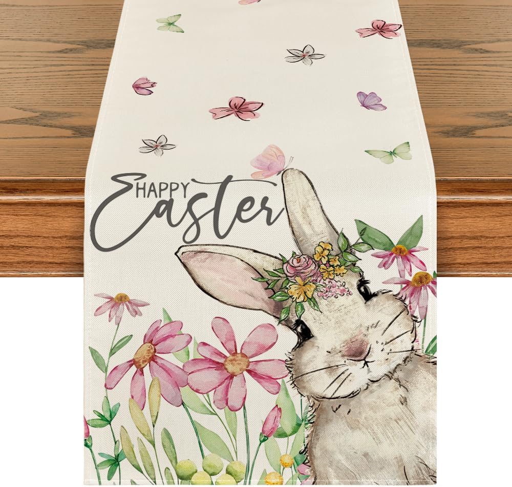 Daisy Bunny Rabbit Easter Table Runner, Seasonal Spring Kitchen Dining Table Decoration for Home Party Decor V1258-DP02-B-1619