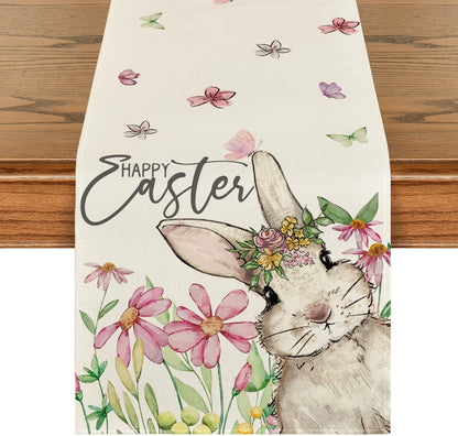 Daisy Bunny Rabbit Easter Table Runner, Seasonal Spring Kitchen Dining Table Decoration for Home Party Decor V1258-DP02-B-1619