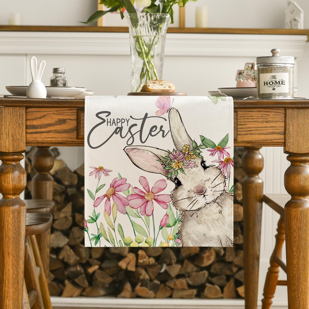 Daisy Bunny Rabbit Easter Table Runner, Seasonal Spring Kitchen Dining Table Decoration for Home Party Decor V1258-DP02-B-1619