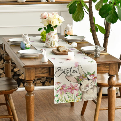 Daisy Bunny Rabbit Easter Table Runner, Seasonal Spring Kitchen Dining Table Decoration for Home Party Decor V1258-DP02-B-1619