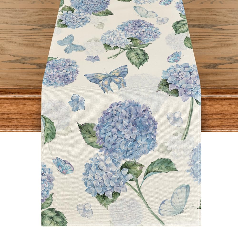 Hydrangea Butterfly Summer Table Runner, Seasonal Spring Holiday Kitchen Dining Table Decoration for Home V1258-DP02-B-1621