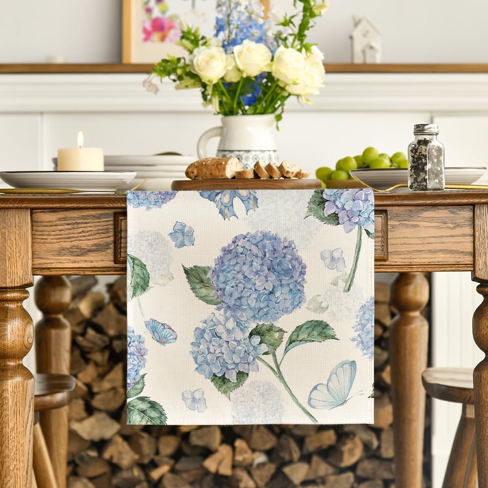 Hydrangea Butterfly Summer Table Runner, Seasonal Spring Holiday Kitchen Dining Table Decoration for Home V1258-DP02-B-1621