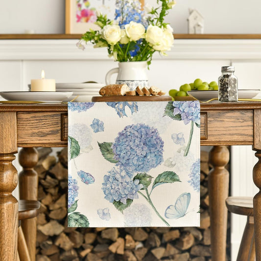 Hydrangea Butterfly Summer Table Runner, Seasonal Spring Holiday Kitchen Dining Table Decoration for Home V1258-DP02-B-1621