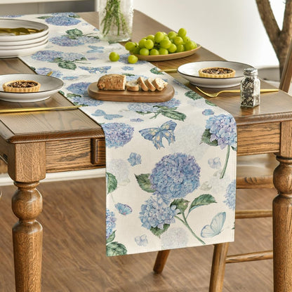 Hydrangea Butterfly Summer Table Runner, Seasonal Spring Holiday Kitchen Dining Table Decoration for Home V1258-DP02-B-1621
