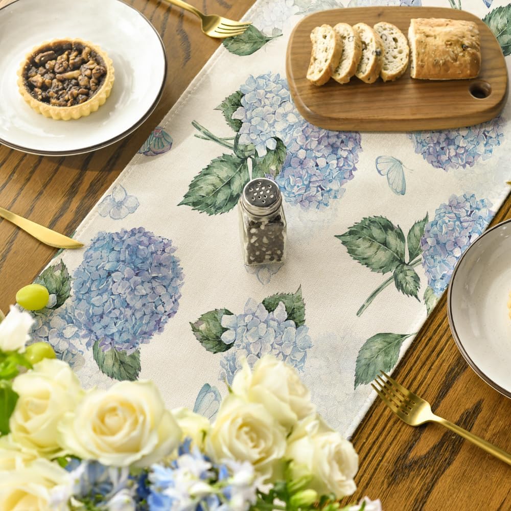Hydrangea Butterfly Summer Table Runner, Seasonal Spring Holiday Kitchen Dining Table Decoration for Home V1258-DP02-B-1621