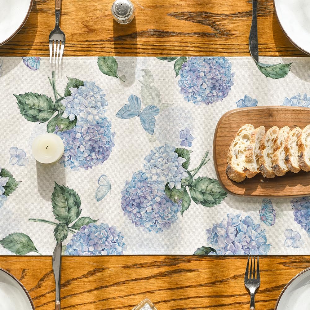Hydrangea Butterfly Summer Table Runner, Seasonal Spring Holiday Kitchen Dining Table Decoration for Home V1258-DP02-B-1621