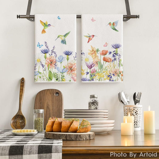 Anemone Flower Hummingbird Kitchen Towels Dish Towels, 18x26 Inch Seasonal Spring Summer Wild Floral Holiday V1258-DP02-B-1622