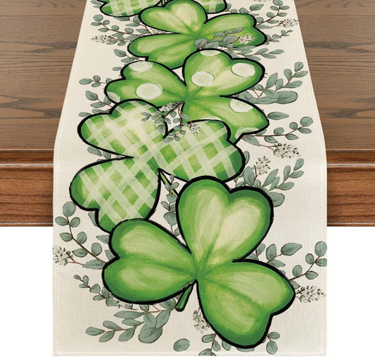 Clover Shamrocks Eucalyptus Buffalo Plaid St.Patrick's Day Table Runner, Seasonal Kitchen Dining Table Runner V1258-DP02-B-1623