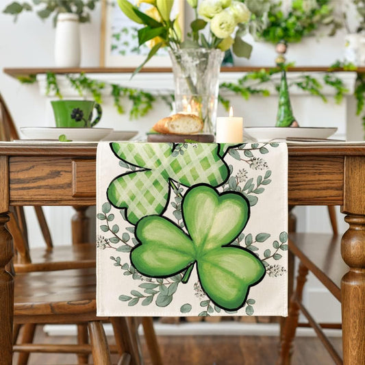 Clover Shamrocks Eucalyptus Buffalo Plaid St.Patrick's Day Table Runner, Seasonal Kitchen Dining Table Runner V1258-DP02-B-1623