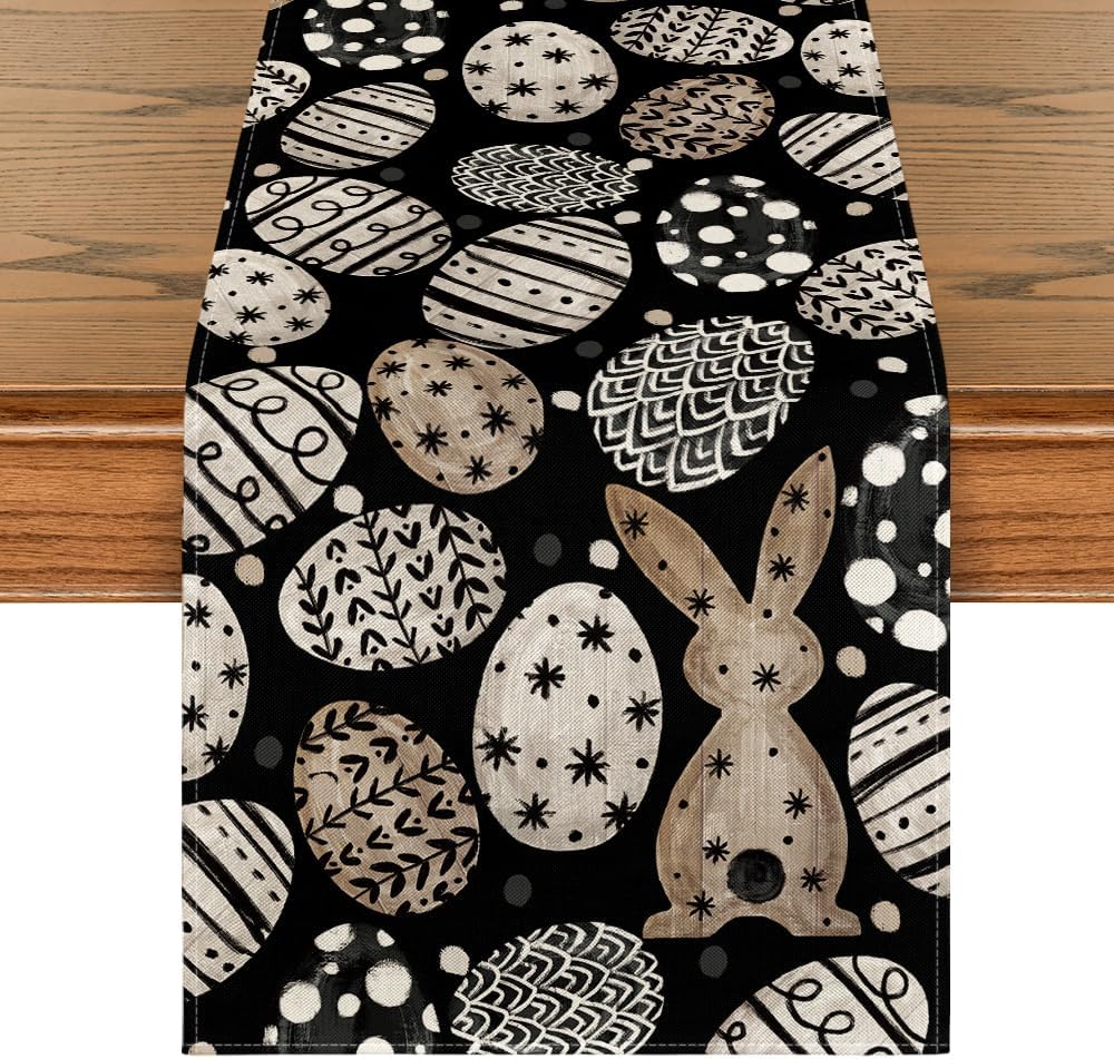 Bunny Rabbit Eggs Flowers Easter Table Runner, Seasonal Spring Kitchen Dining Table Decoration for Home Party V1258-DP02-B-1624