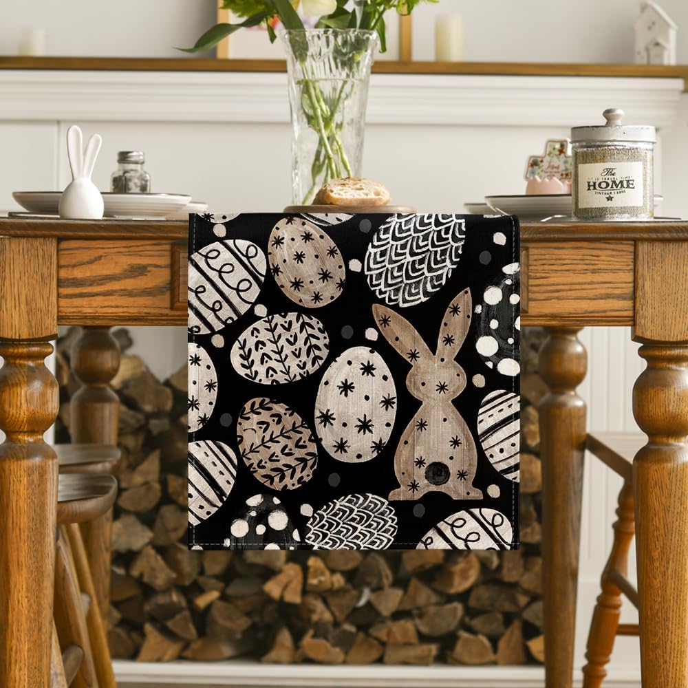 Bunny Rabbit Eggs Flowers Easter Table Runner, Seasonal Spring Kitchen Dining Table Decoration for Home Party V1258-DP02-B-1624