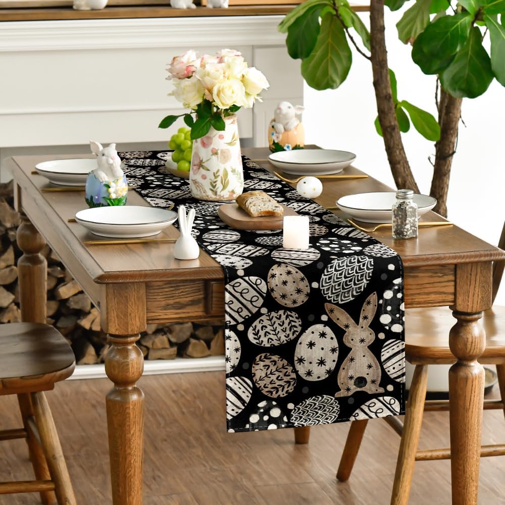 Bunny Rabbit Eggs Flowers Easter Table Runner, Seasonal Spring Kitchen Dining Table Decoration for Home Party V1258-DP02-B-1624