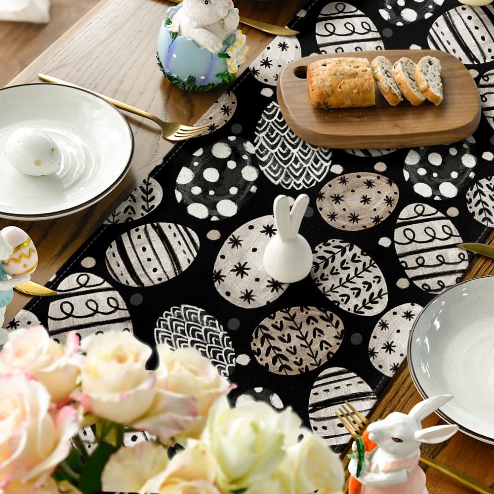 Bunny Rabbit Eggs Flowers Easter Table Runner, Seasonal Spring Kitchen Dining Table Decoration for Home Party V1258-DP02-B-1624