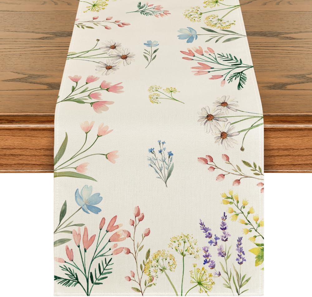 Flowers Floral Summer Table Runner, Seasonal Spring Fall Kitchen Dining Table Decoration for Home Party 13x72 V1258-DP02-B-1625