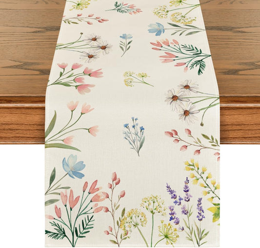 Flowers Floral Summer Table Runner, Seasonal Spring Fall Kitchen Dining Table Decoration for Home Party 13x72 V1258-DP02-B-1625