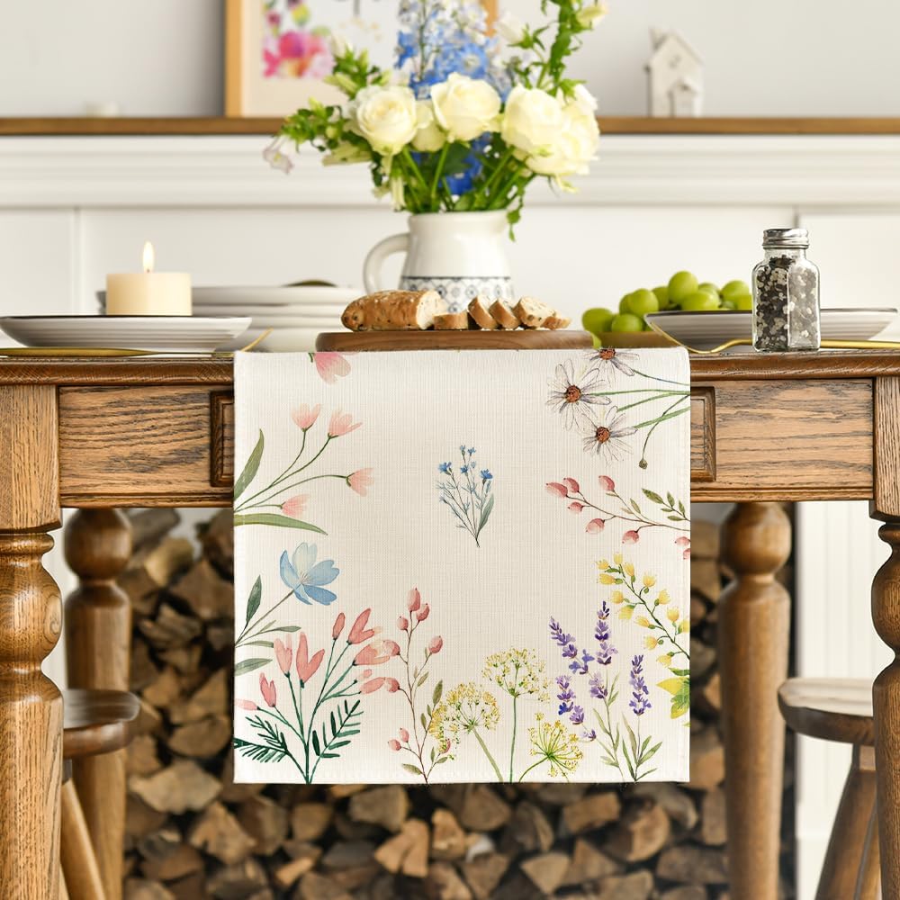 Flowers Floral Summer Table Runner, Seasonal Spring Fall Kitchen Dining Table Decoration for Home Party 13x72 V1258-DP02-B-1625